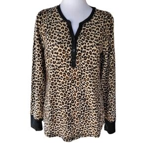 Betsey Johnson Long Sleeve Leopard Print Plush Waffle Knit Henley Size Small